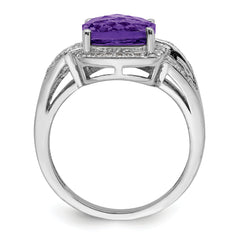 Sterling Silver Rhodium-plated Diamond & Checker-Cut Amethyst Ring