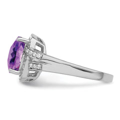 Sterling Silver Rhodium-plated Diamond & Checker-Cut Amethyst Ring