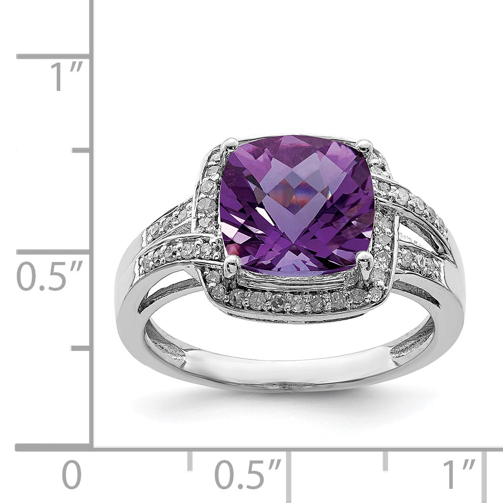 Sterling Silver Rhodium-plated Diamond & Checker-Cut Amethyst Ring