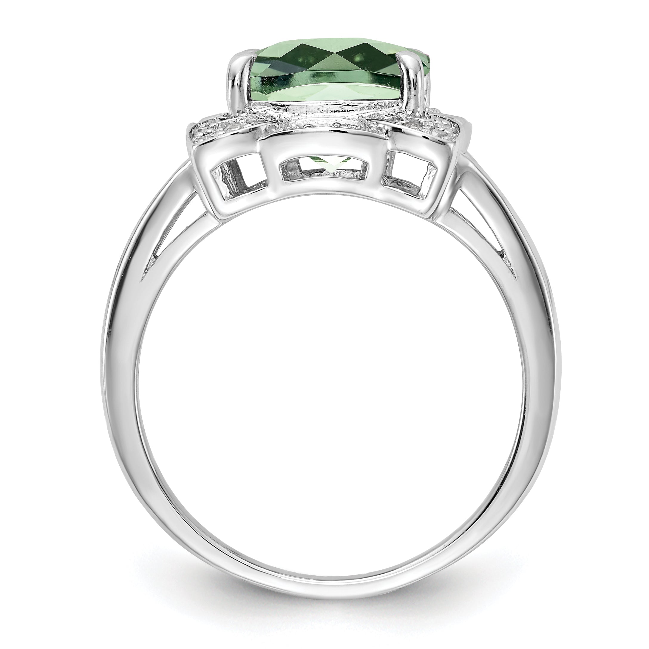 Sterling Silver Rhodium Diamond & Checker-Cut Green Quartz Ring