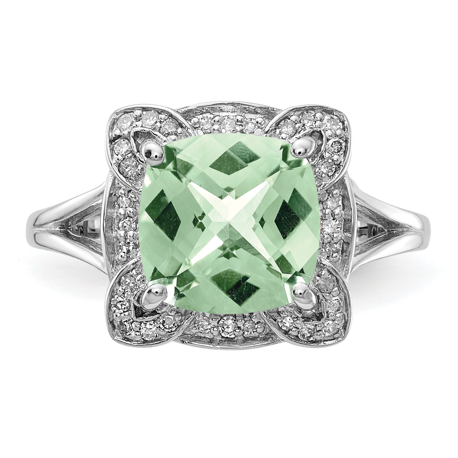 Sterling Silver Rhodium Diamond & Checker-Cut Green Quartz Ring