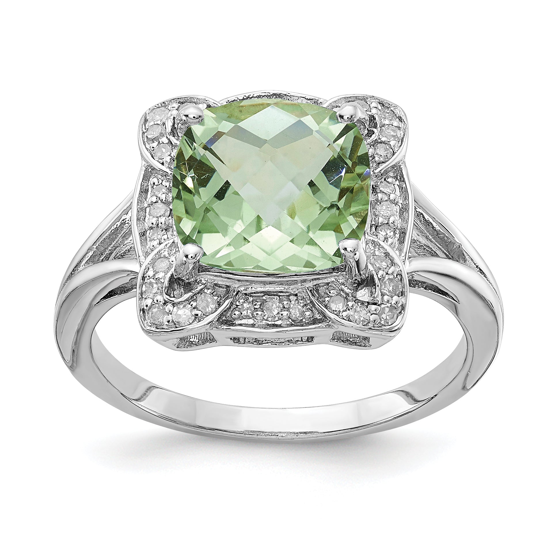 Sterling Silver Rhodium Diamond & Checker-Cut Green Quartz Ring