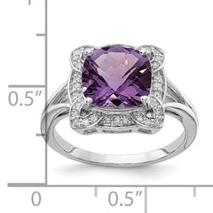 Sterling Silver Rhodium-plated Diamond & Checker-Cut Amethyst Ring