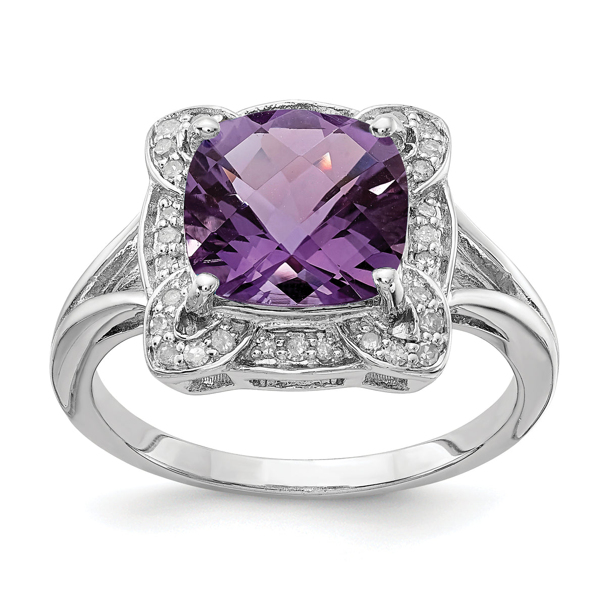 Sterling Silver Rhodium-plated Diamond & Checker-Cut Amethyst Ring