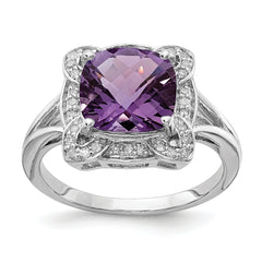 Sterling Silver Rhodium-plated Diamond & Checker-Cut Amethyst Ring