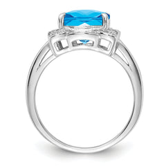 Sterling Silver Rhodium Diamond & Checker-Cut Blue Topaz Ring