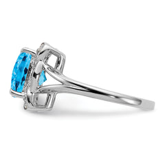 Sterling Silver Rhodium Diamond & Checker-Cut Blue Topaz Ring