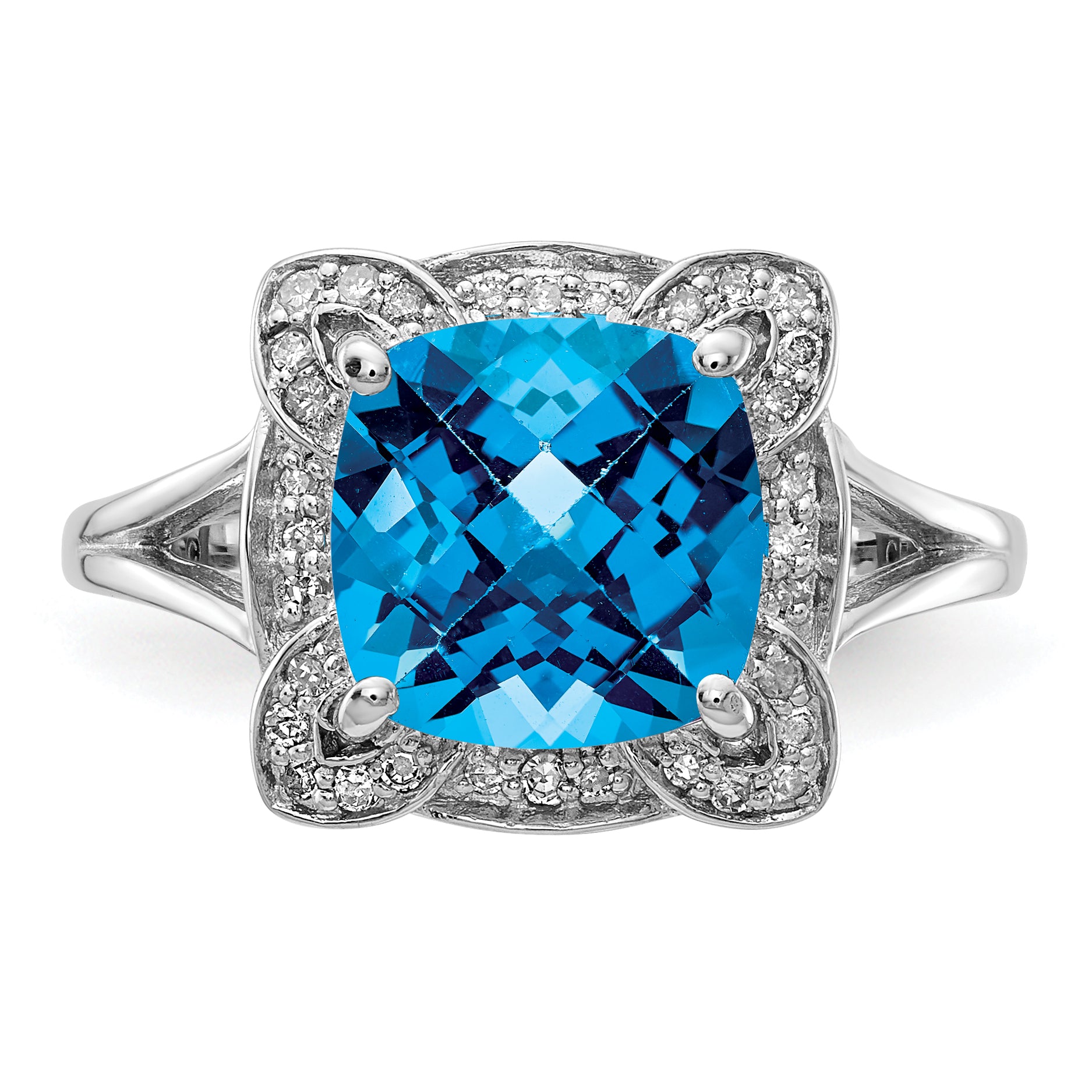 Sterling Silver Rhodium Diamond & Checker-Cut Blue Topaz Ring