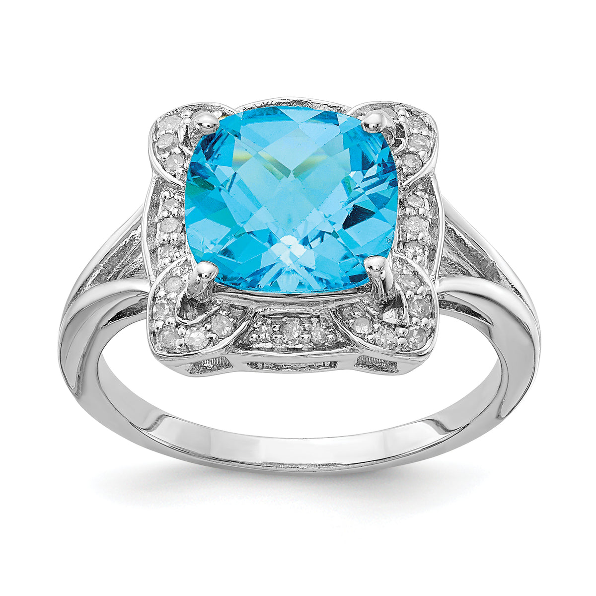 Sterling Silver Rhodium Diamond & Checker-Cut Blue Topaz Ring