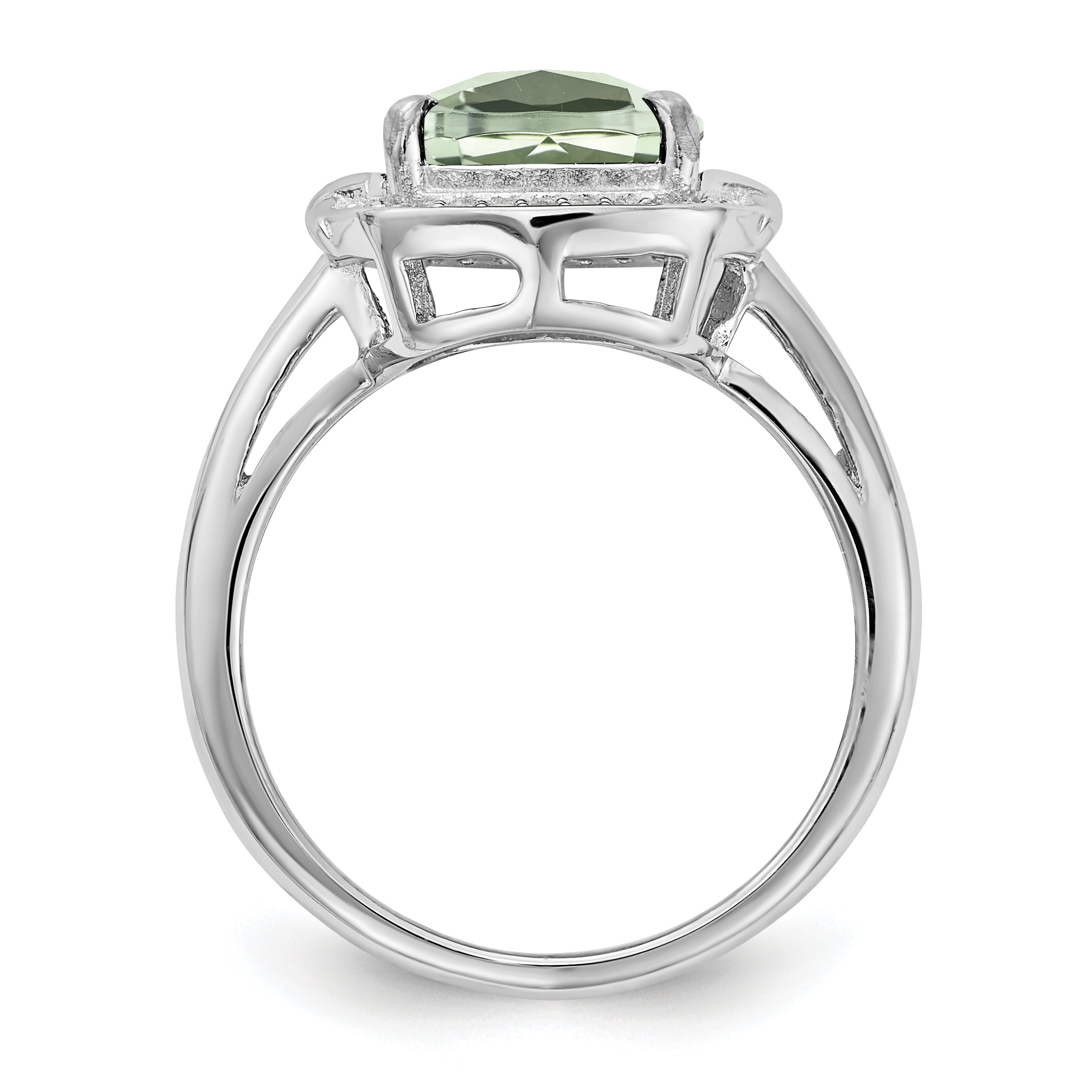 Sterling Silver Rhodium Diamond & Checker-Cut Green Quartz Ring