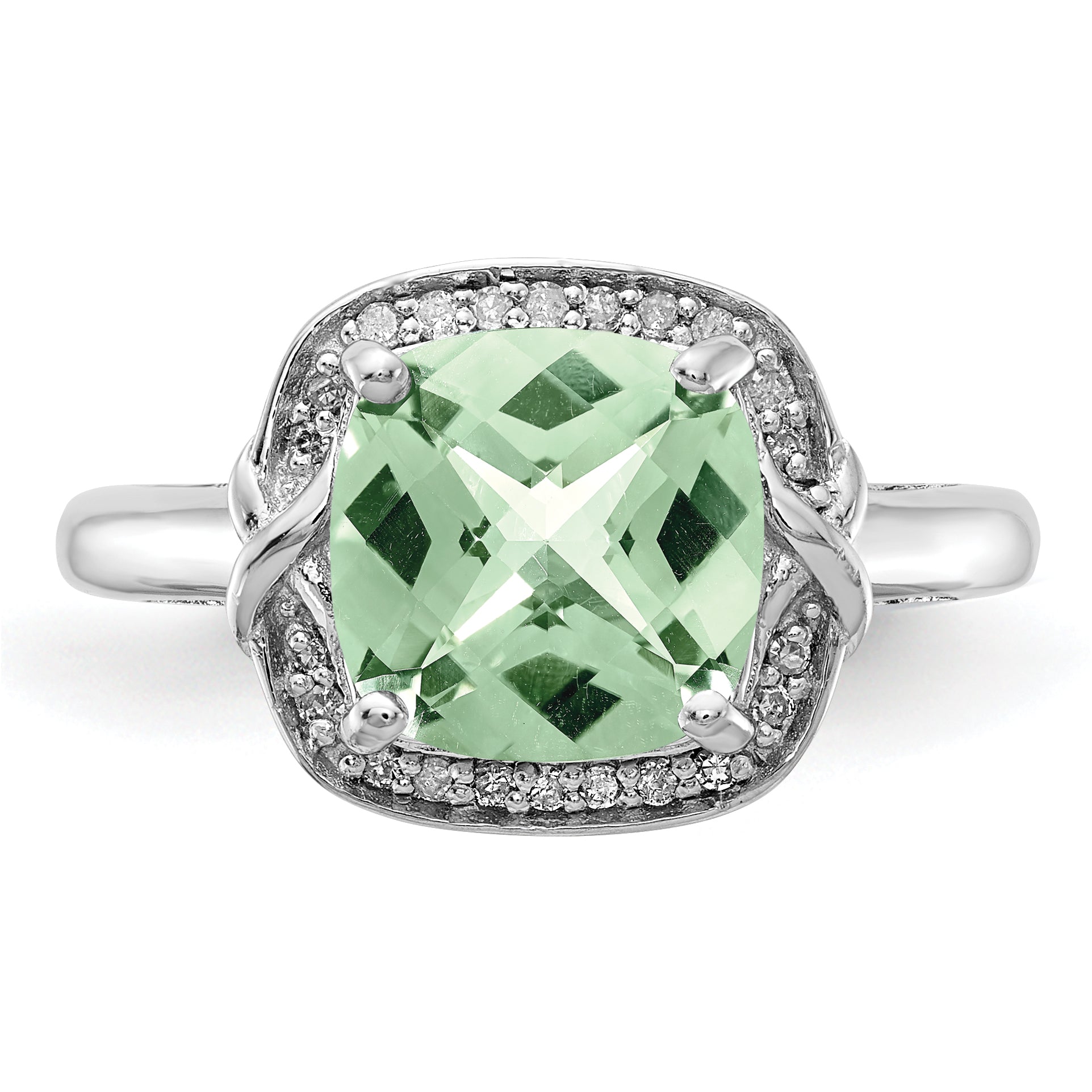 Sterling Silver Rhodium Diamond & Checker-Cut Green Quartz Ring