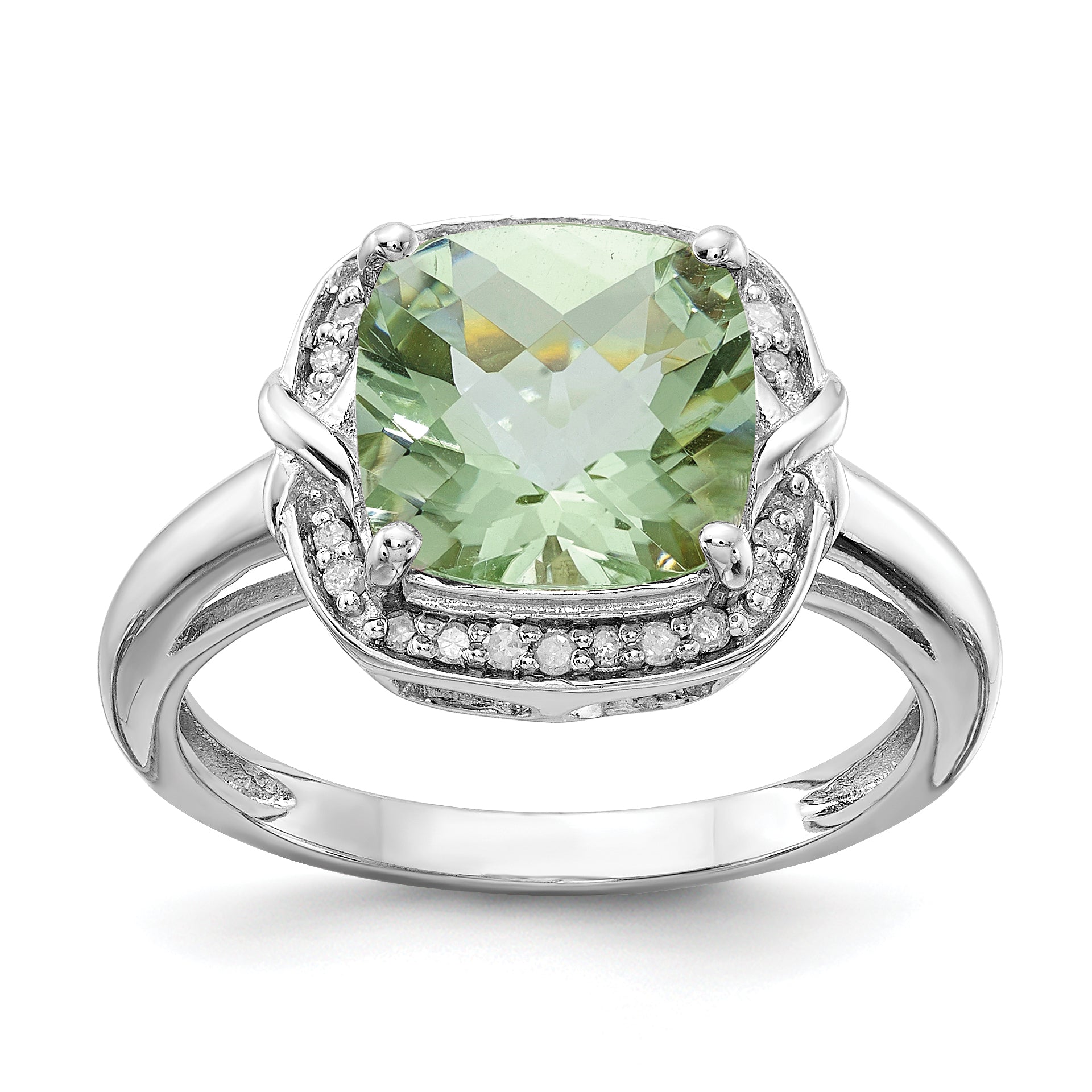 Sterling Silver Rhodium Diamond & Checker-Cut Green Quartz Ring