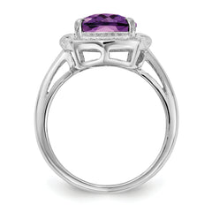 Sterling Silver Rhodium-plated Diamond & Checker-Cut Amethyst Ring