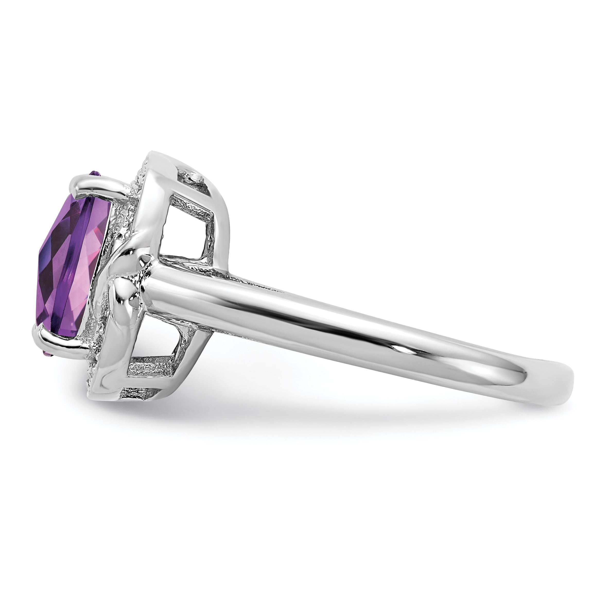 Sterling Silver Rhodium-plated Diamond & Checker-Cut Amethyst Ring