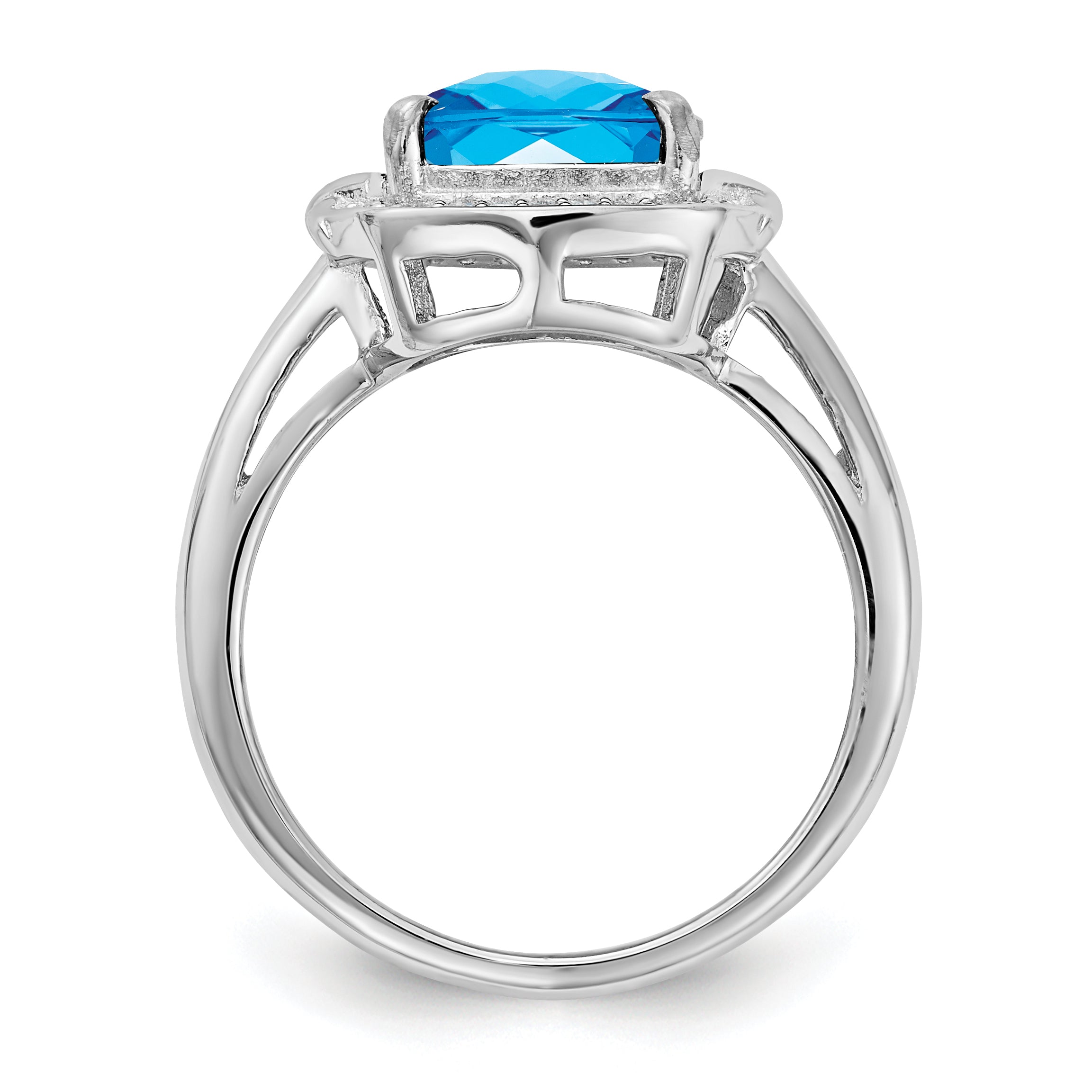 Sterling Silver Rhodium Diamond & Checker-Cut Blue Topaz Ring