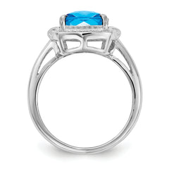 Sterling Silver Rhodium Diamond & Checker-Cut Blue Topaz Ring