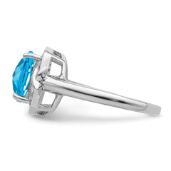 Sterling Silver Rhodium Diamond & Checker-Cut Blue Topaz Ring