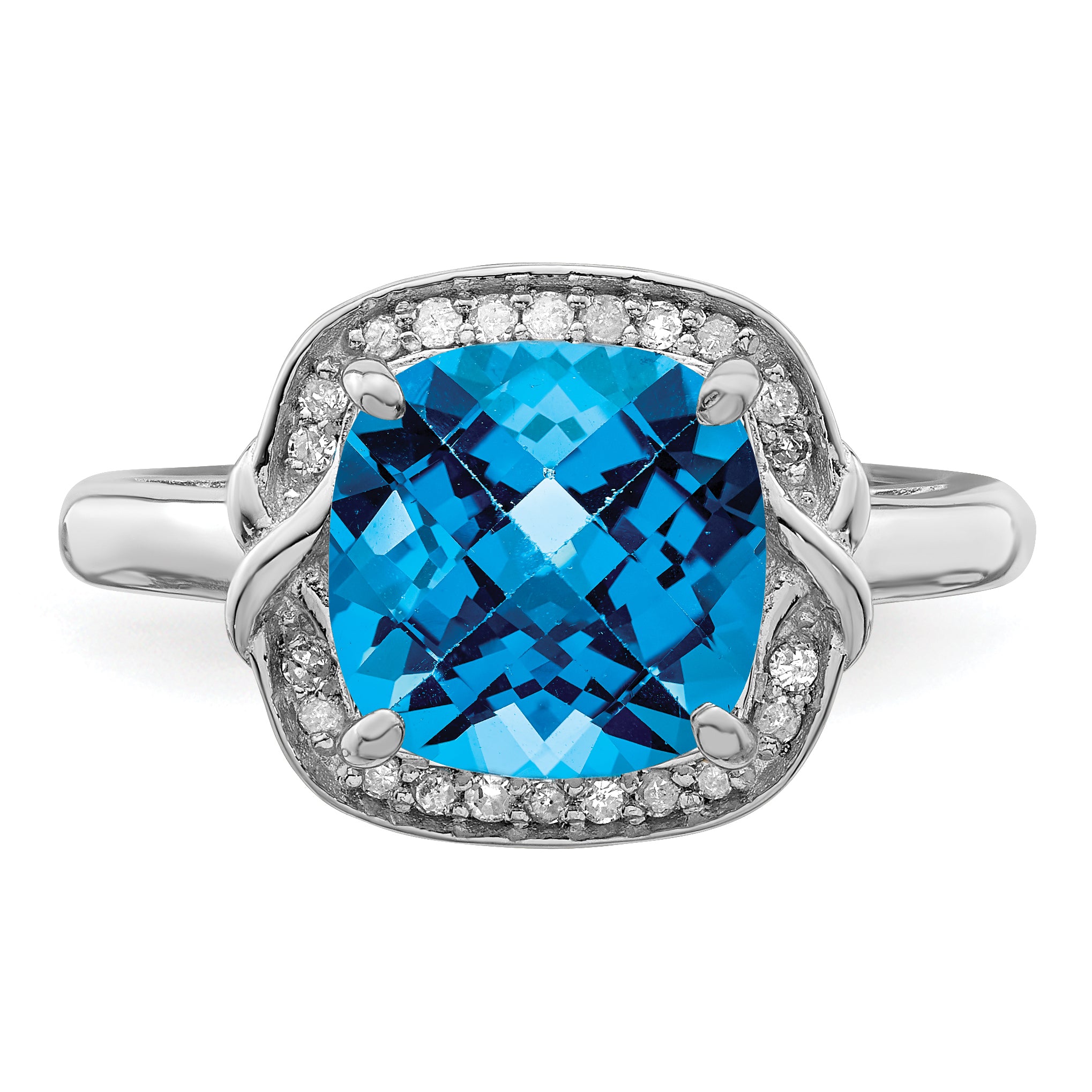 Sterling Silver Rhodium Diamond & Checker-Cut Blue Topaz Ring