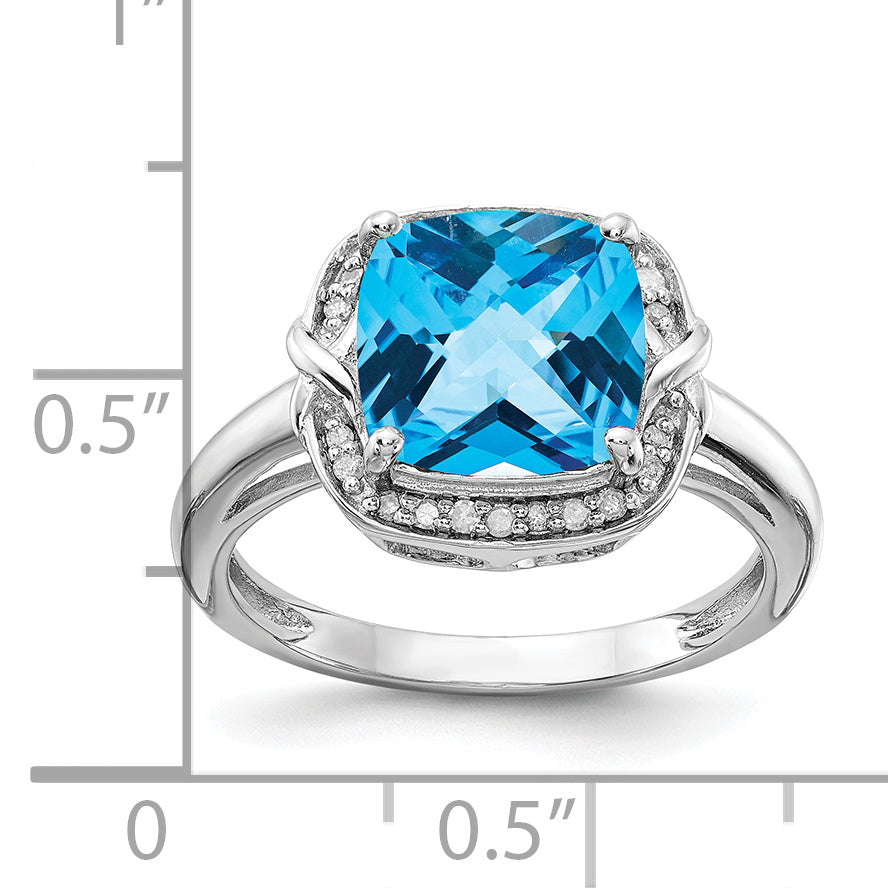 Sterling Silver Rhodium Diamond & Checker-Cut Blue Topaz Ring