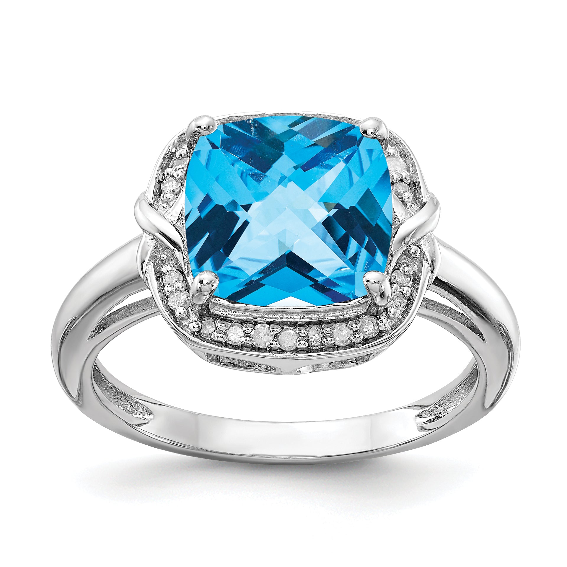 Sterling Silver Rhodium Diamond & Checker-Cut Blue Topaz Ring