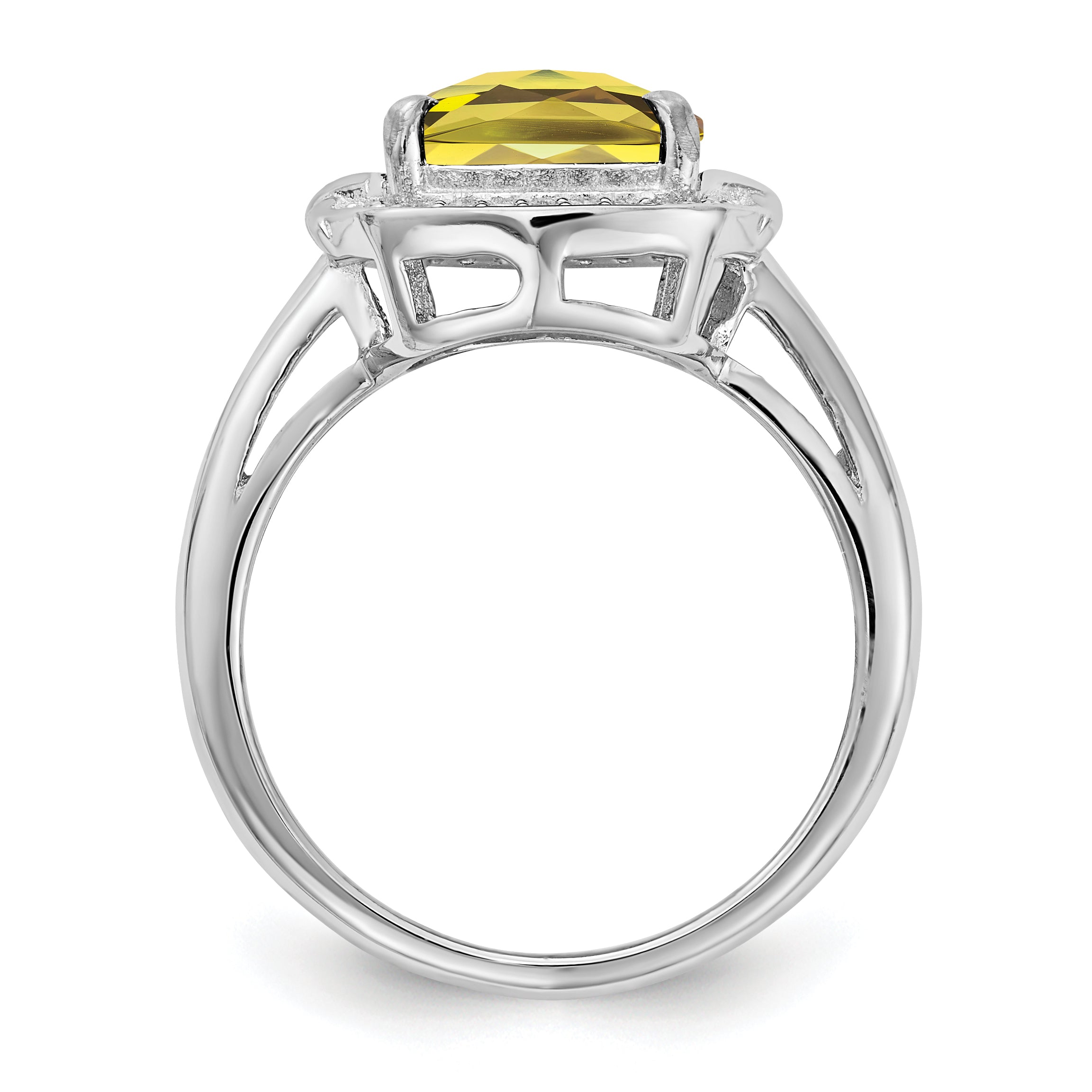 Sterling Silver Rhodium Diamond & Checker-Cut Lemon Quartz Ring