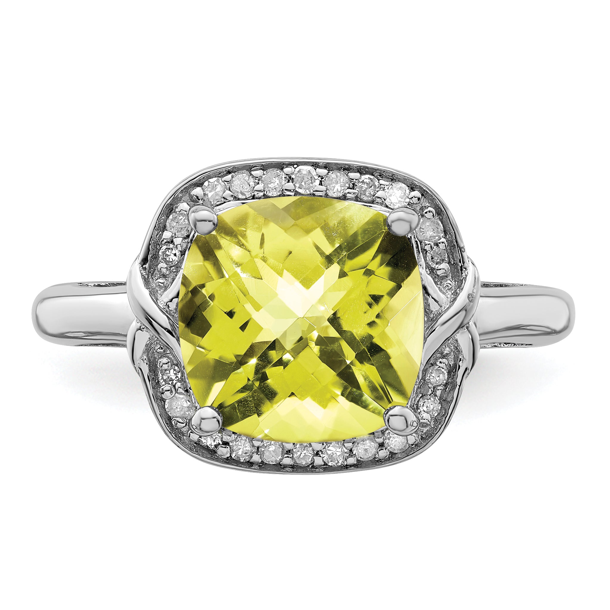 Sterling Silver Rhodium Diamond & Checker-Cut Lemon Quartz Ring