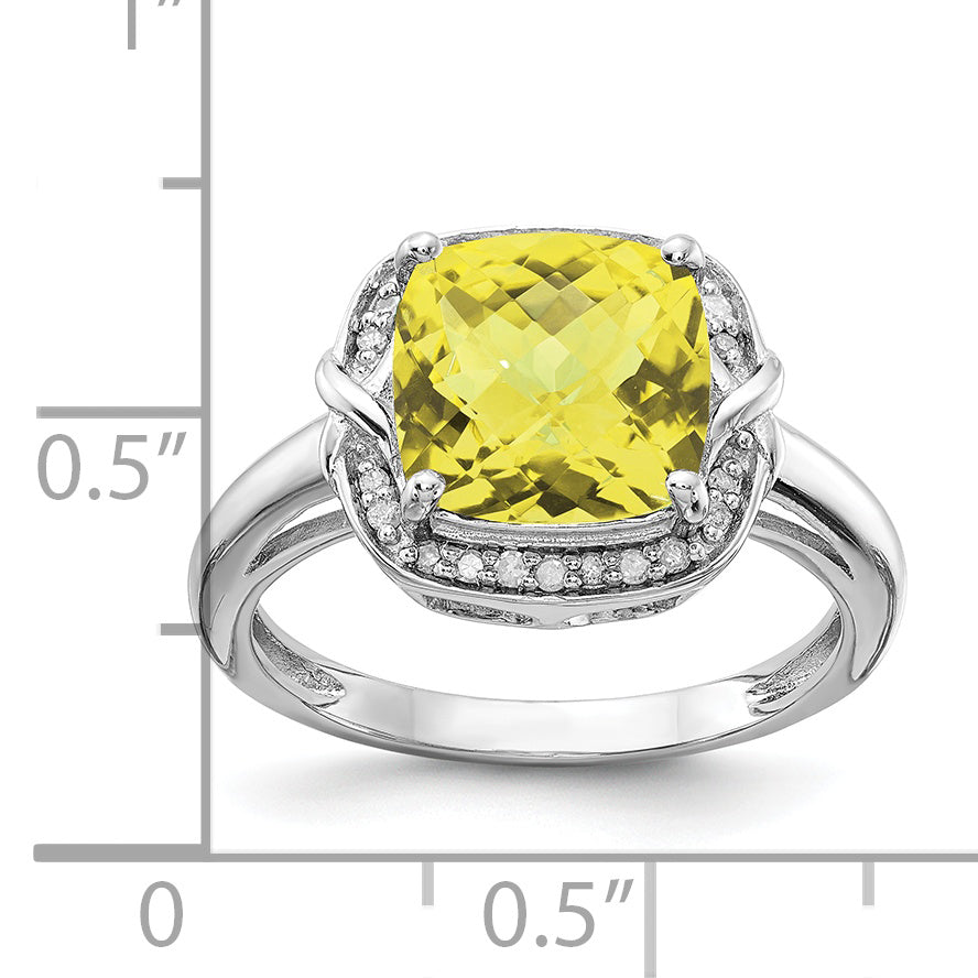 Sterling Silver Rhodium Diamond & Checker-Cut Lemon Quartz Ring