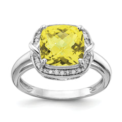 Sterling Silver Rhodium Diamond & Checker-Cut Lemon Quartz Ring