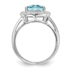 Sterling Silver Rhodium Diamond & Checker-Cut Sky Blue Topaz Ring