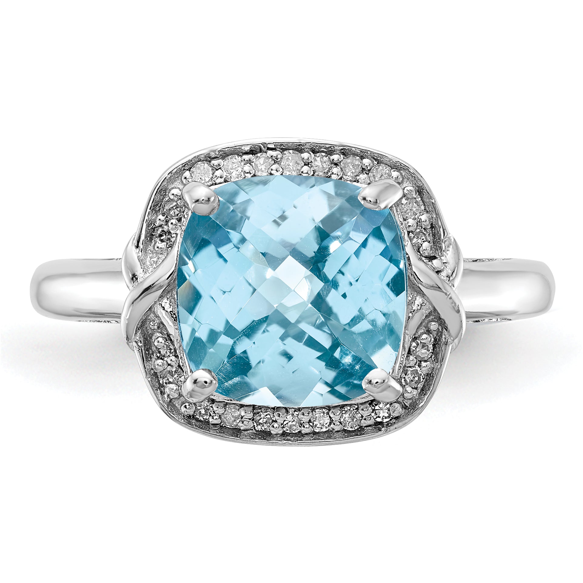 Sterling Silver Rhodium Diamond & Checker-Cut Sky Blue Topaz Ring