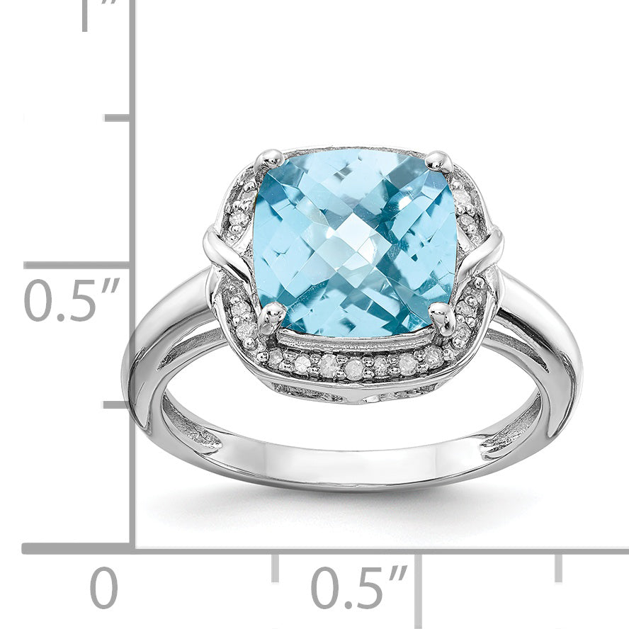 Sterling Silver Rhodium Diamond & Checker-Cut Sky Blue Topaz Ring