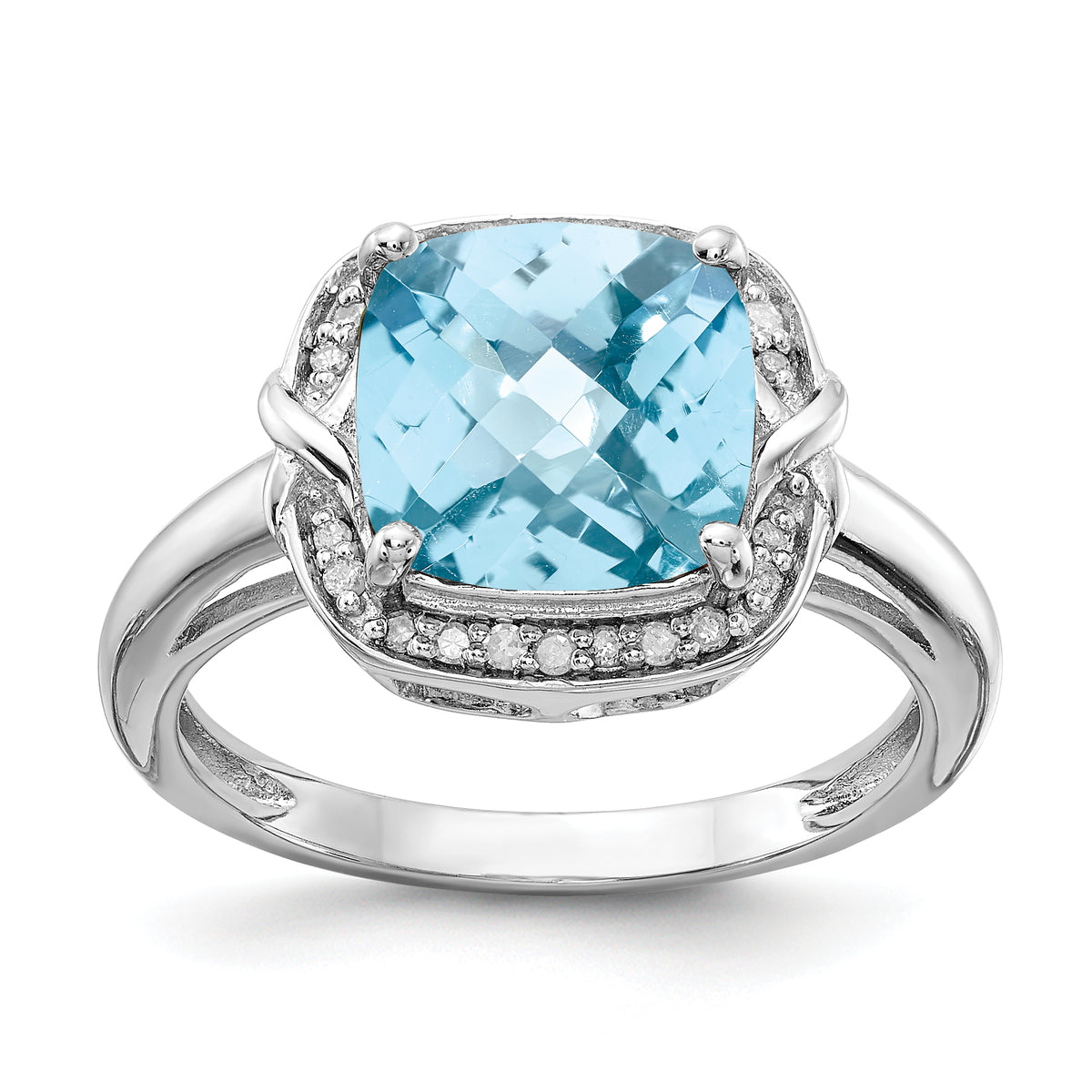 Sterling Silver Rhodium Diamond & Checker-Cut Sky Blue Topaz Ring