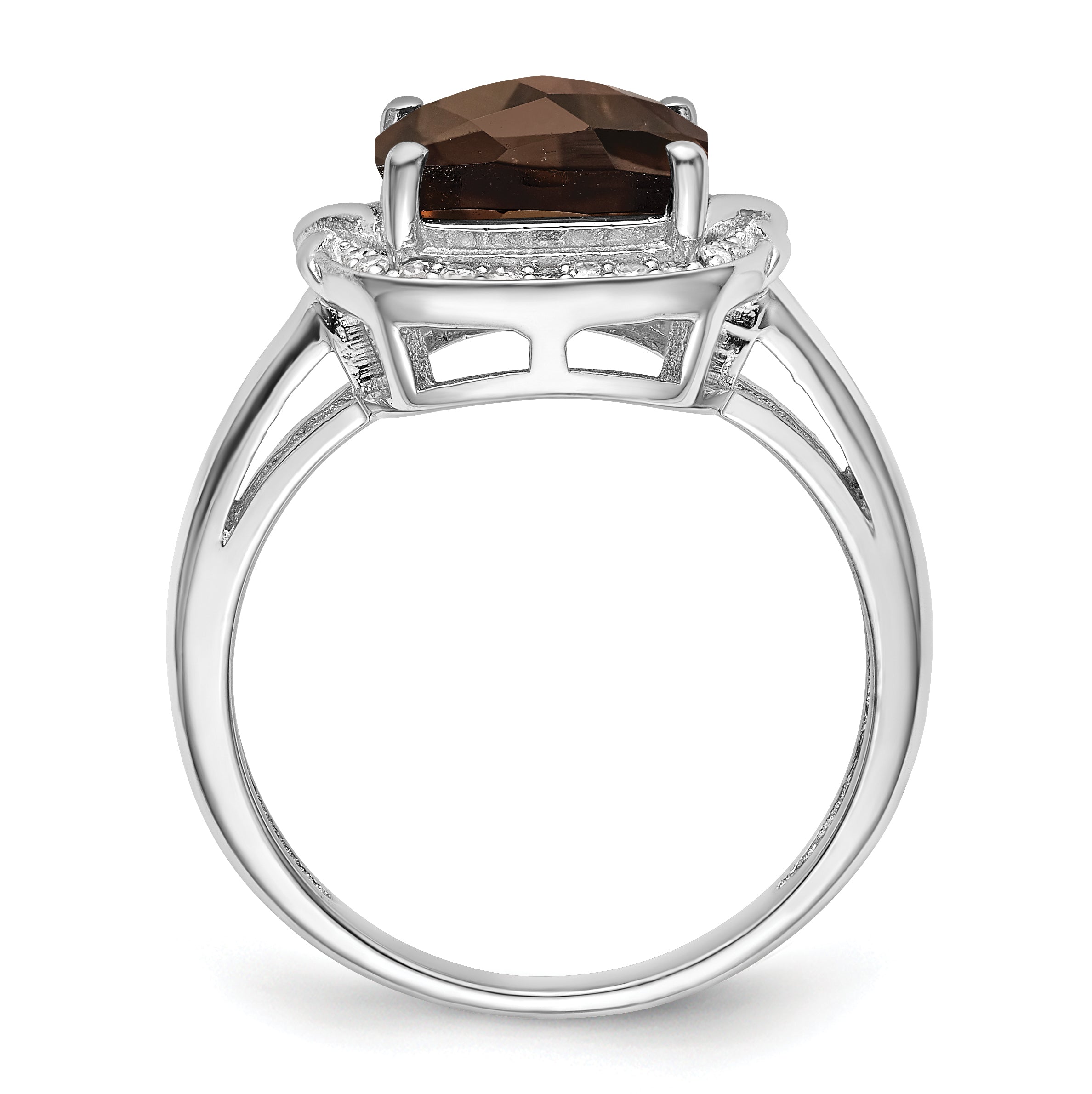 Sterling Silver Rhodium Diamond & Checker-Cut Smoky Quartz Ring