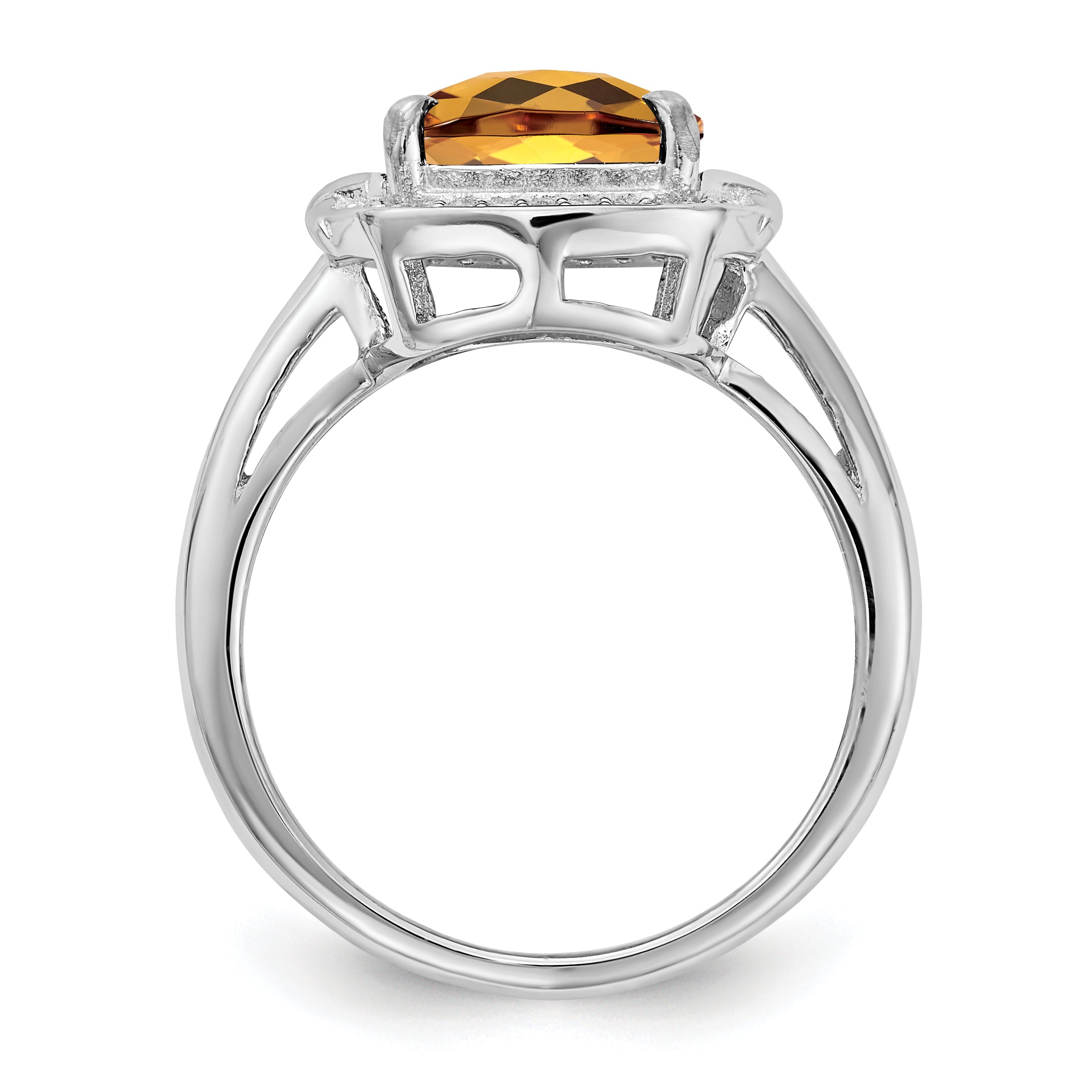 Sterling Silver Rhodium Diamond & Checker-Cut Whiskey Quartz Ring