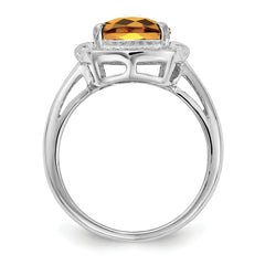 Sterling Silver Rhodium Diamond & Checker-Cut Whiskey Quartz Ring