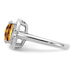 Sterling Silver Rhodium Diamond & Checker-Cut Whiskey Quartz Ring