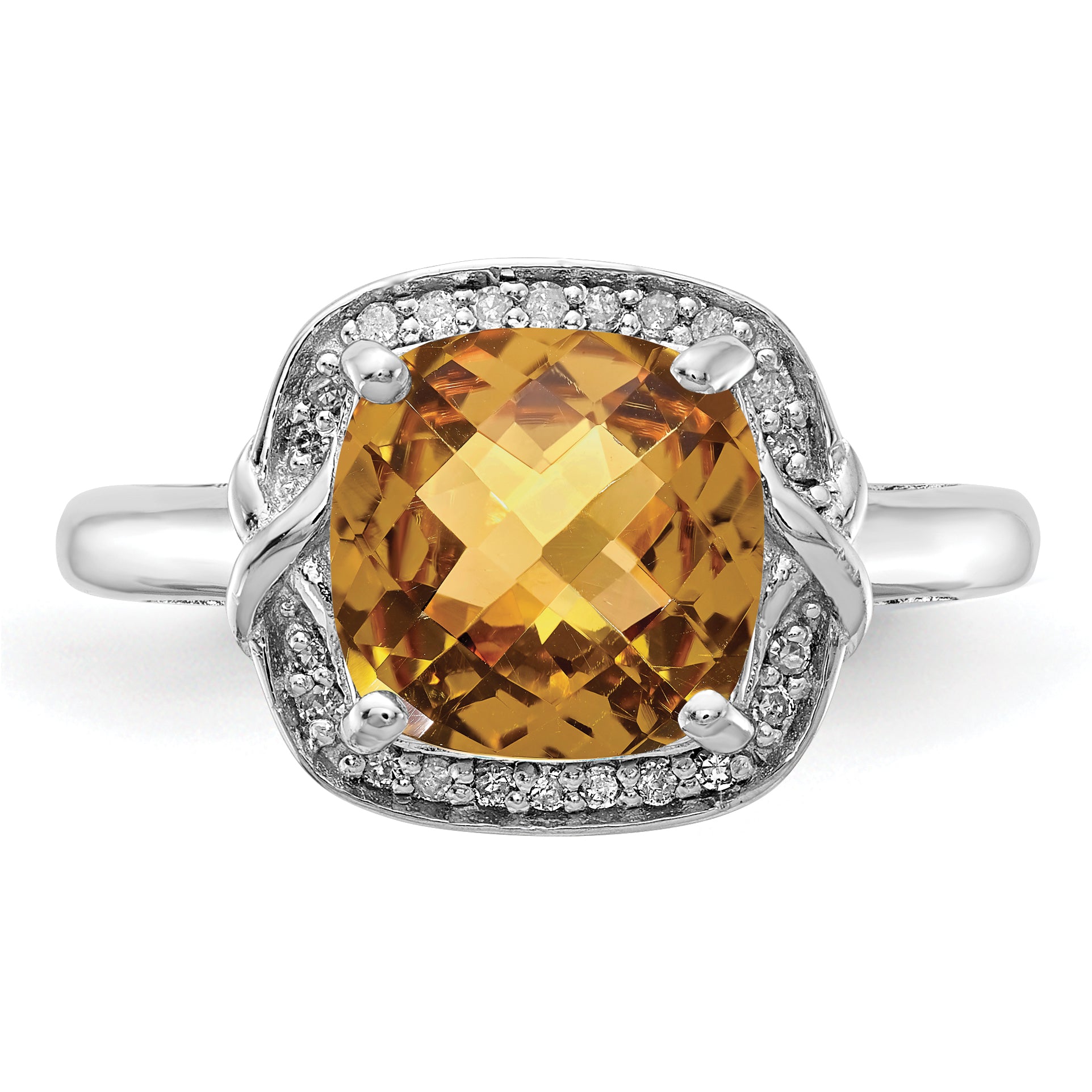 Sterling Silver Rhodium Diamond & Checker-Cut Whiskey Quartz Ring