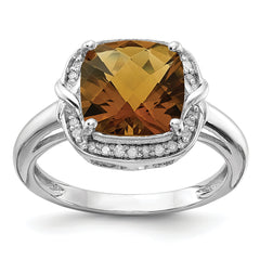 Sterling Silver Rhodium Diamond & Checker-Cut Whiskey Quartz Ring