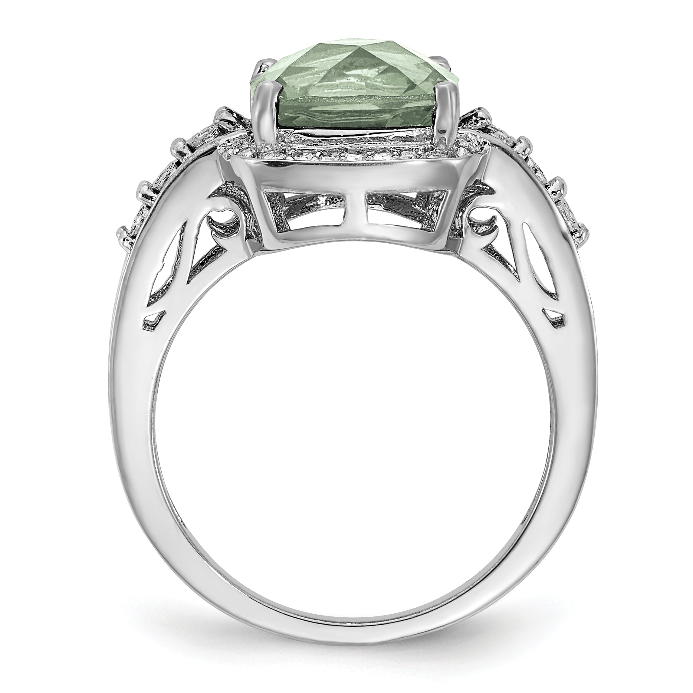 Sterling Silver Rhodium Diamond & Checker-Cut Green Quartz Ring