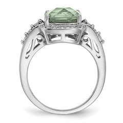 Sterling Silver Rhodium Diamond & Checker-Cut Green Quartz Ring