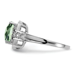 Sterling Silver Rhodium Diamond & Checker-Cut Green Quartz Ring