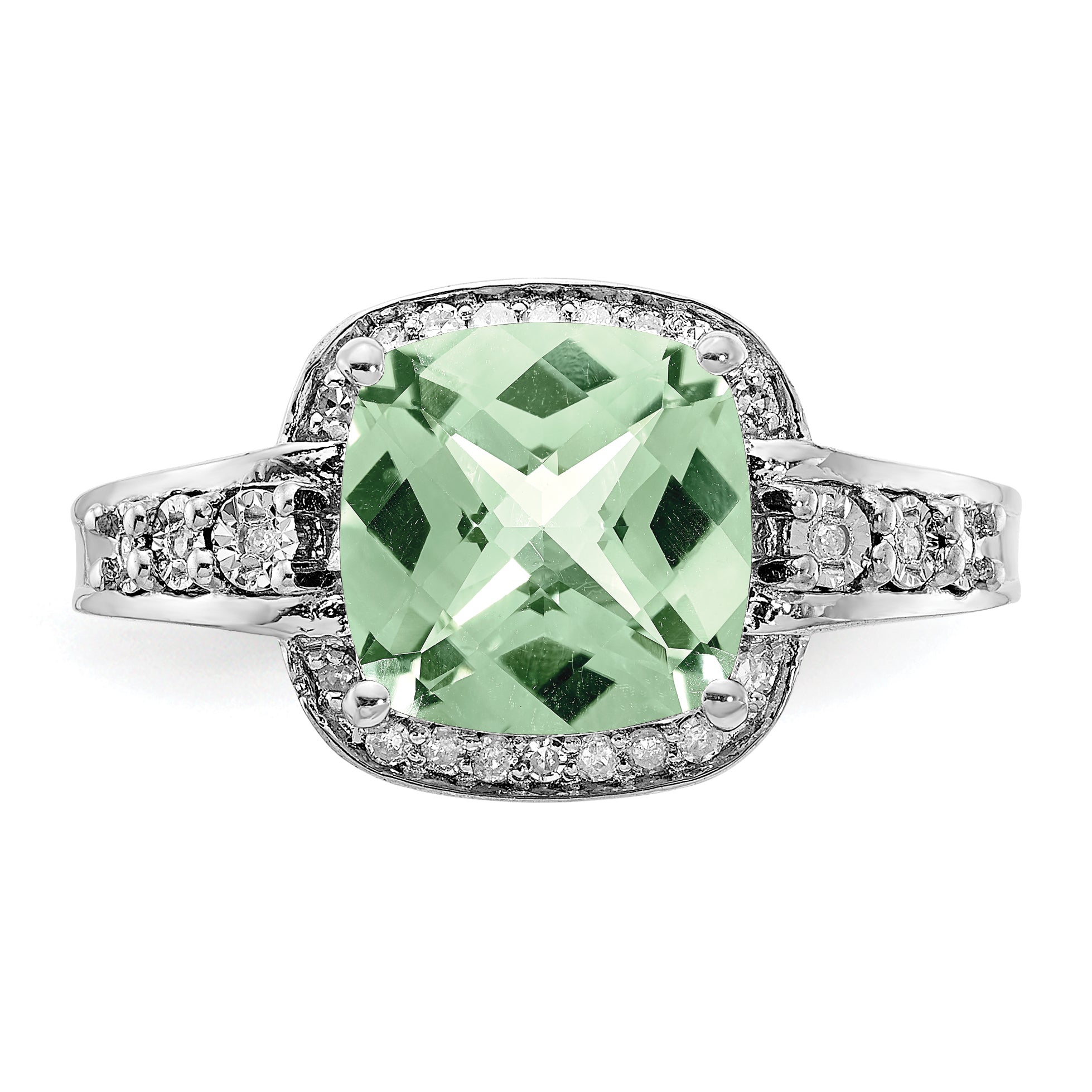 Sterling Silver Rhodium Diamond & Checker-Cut Green Quartz Ring