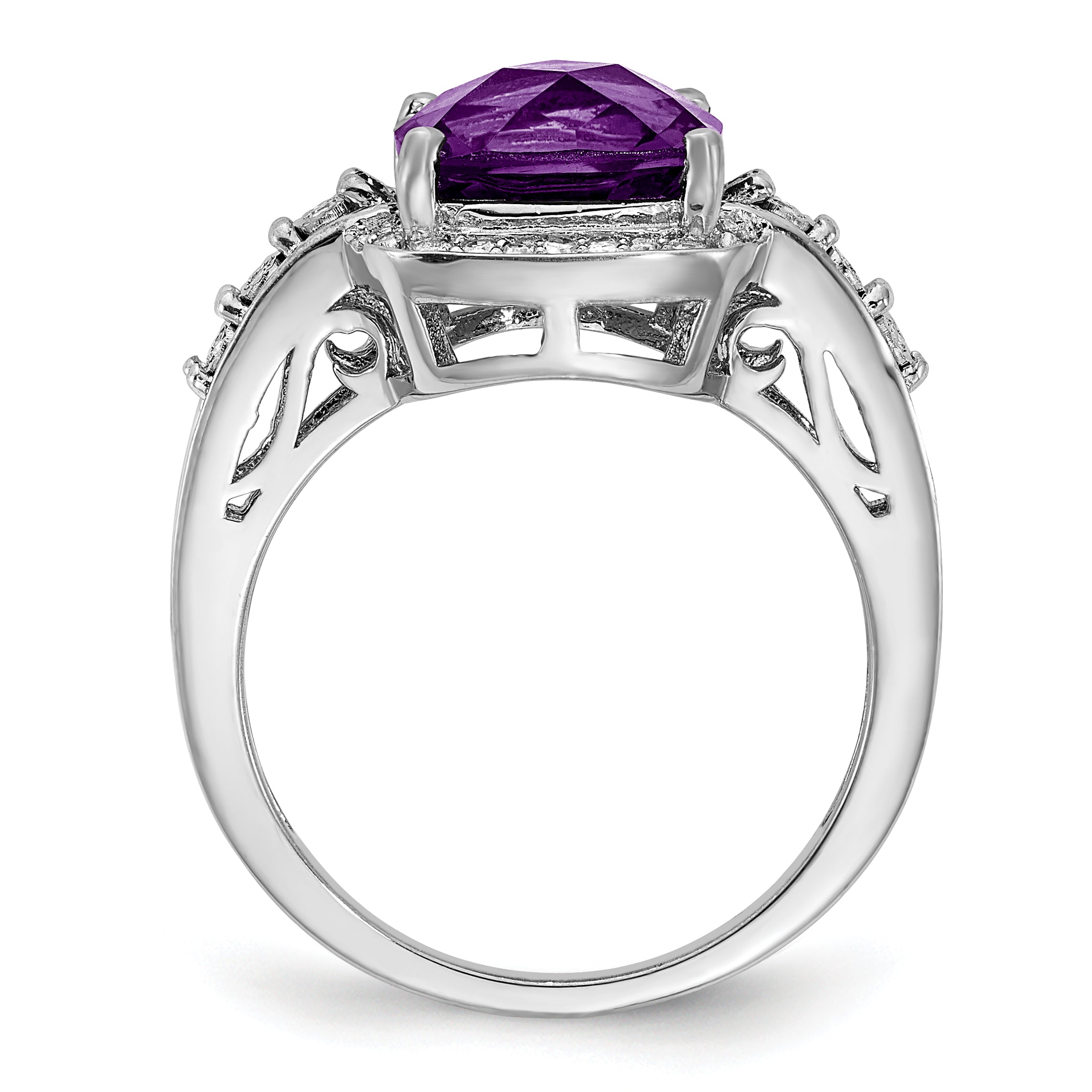 Sterling Silver Rhodium-plated Diamond & Checker-Cut Amethyst Ring