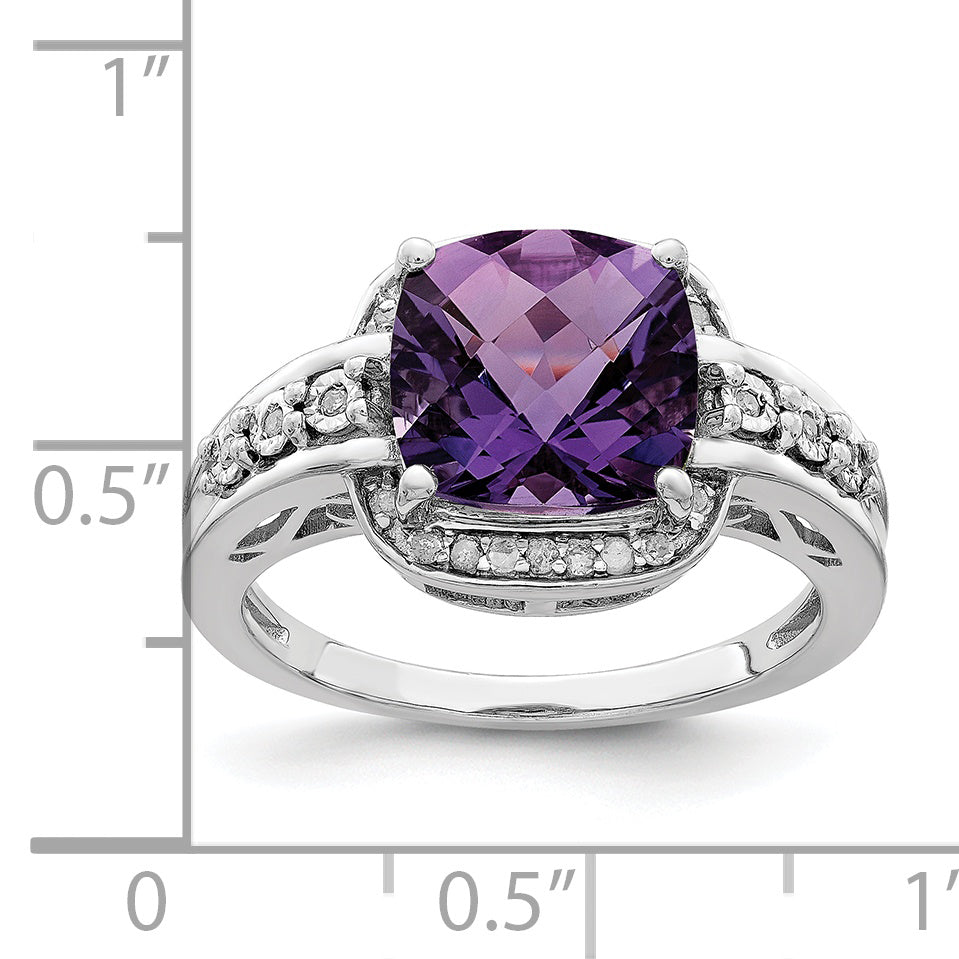 Sterling Silver Rhodium-plated Diamond & Checker-Cut Amethyst Ring