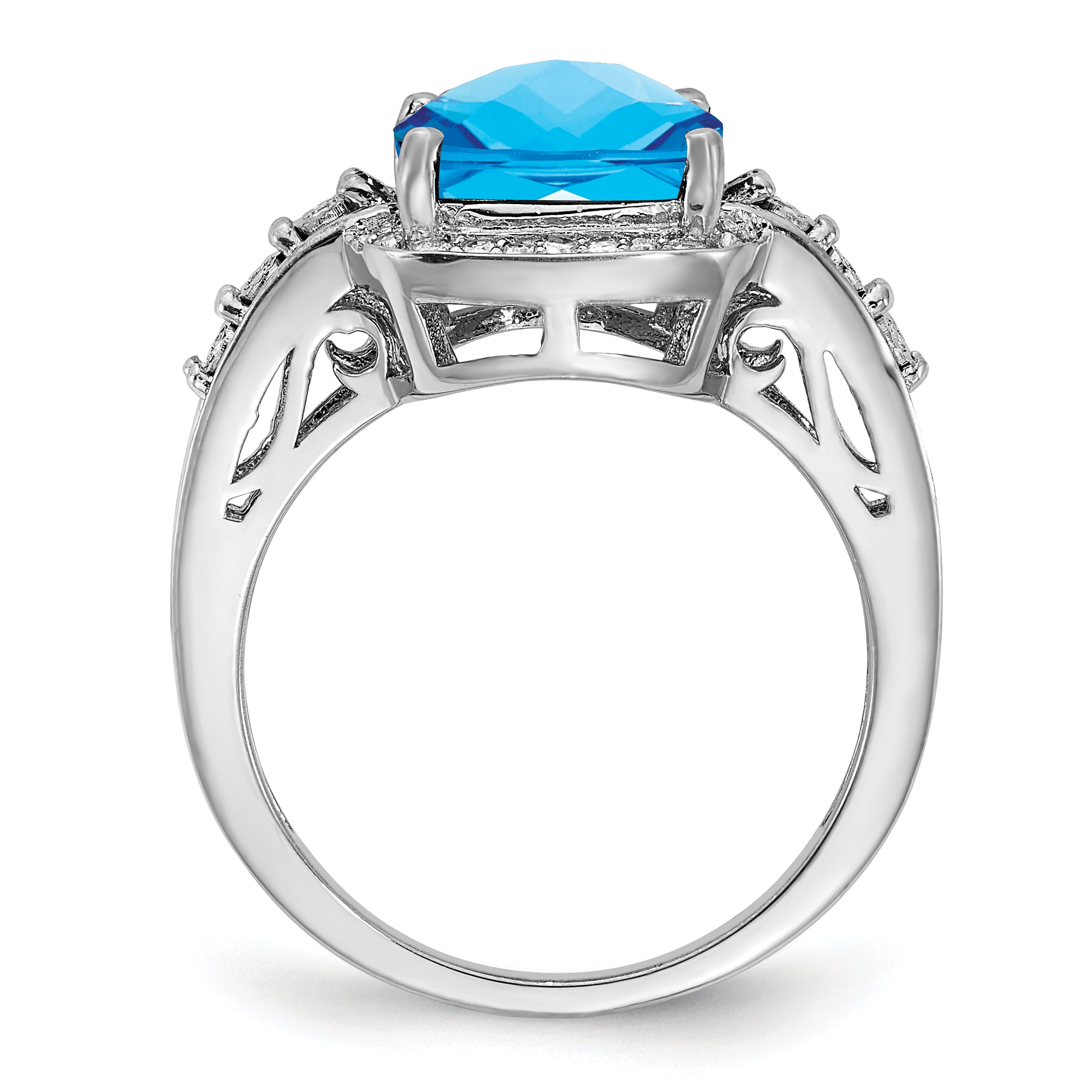 Sterling Silver Rhodium Diamond & Checker-Cut Blue Topaz Ring