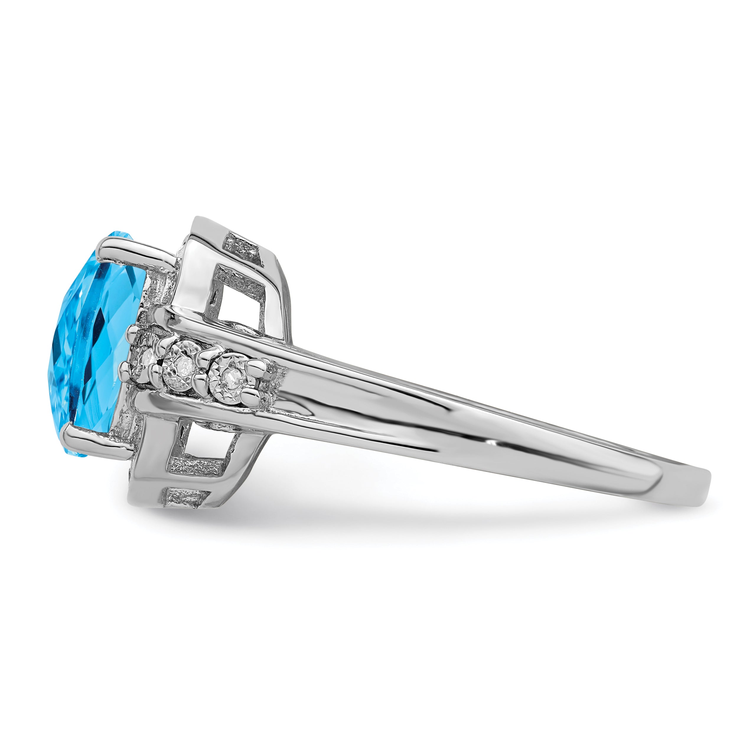 Sterling Silver Rhodium Diamond & Checker-Cut Blue Topaz Ring