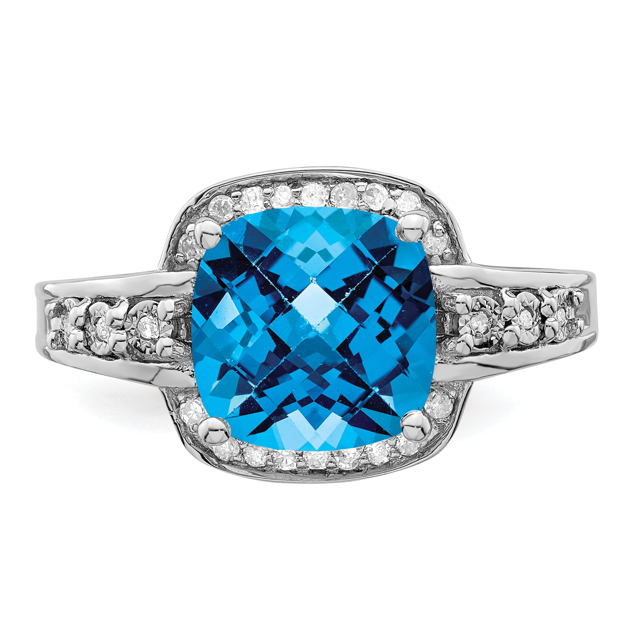 Sterling Silver Rhodium Diamond & Checker-Cut Blue Topaz Ring