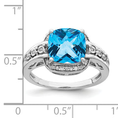 Sterling Silver Rhodium Diamond & Checker-Cut Blue Topaz Ring