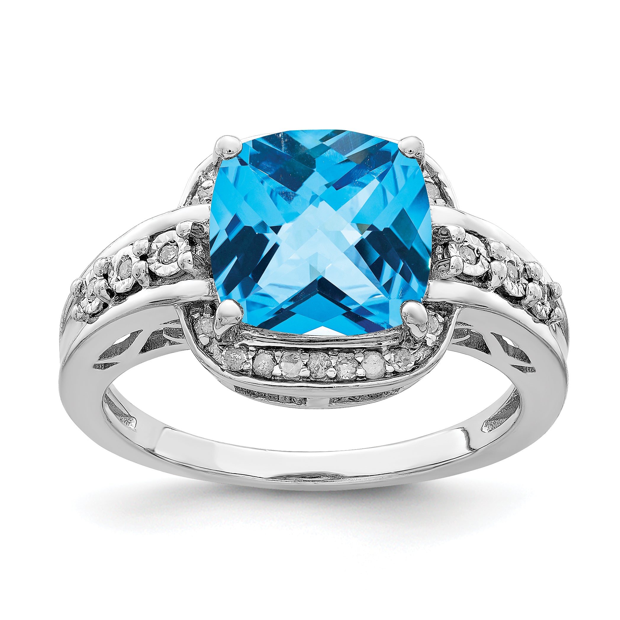 Sterling Silver Rhodium Diamond & Checker-Cut Blue Topaz Ring