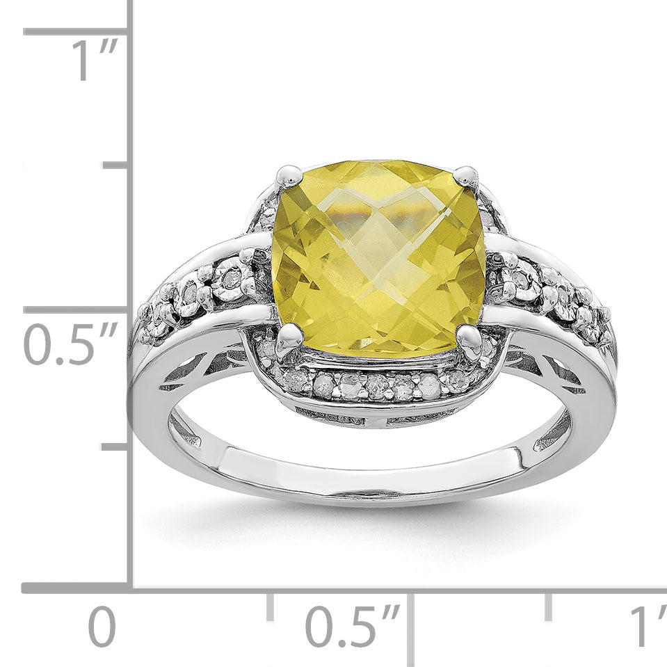 Sterling Silver Rhodium Diamond & Checker-Cut Lemon Quartz Ring